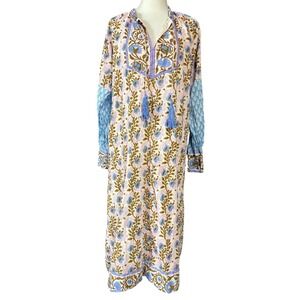 SZ Womens Kaftan Dress Floral Multicolor Midi Long Sleeve Tassel Tie Boho